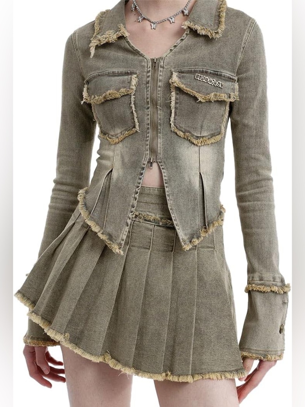 Aelfric Eden 2 Piece Distressed Denim Jacket Pleated Mini Skirt Set- Size L- Y2K